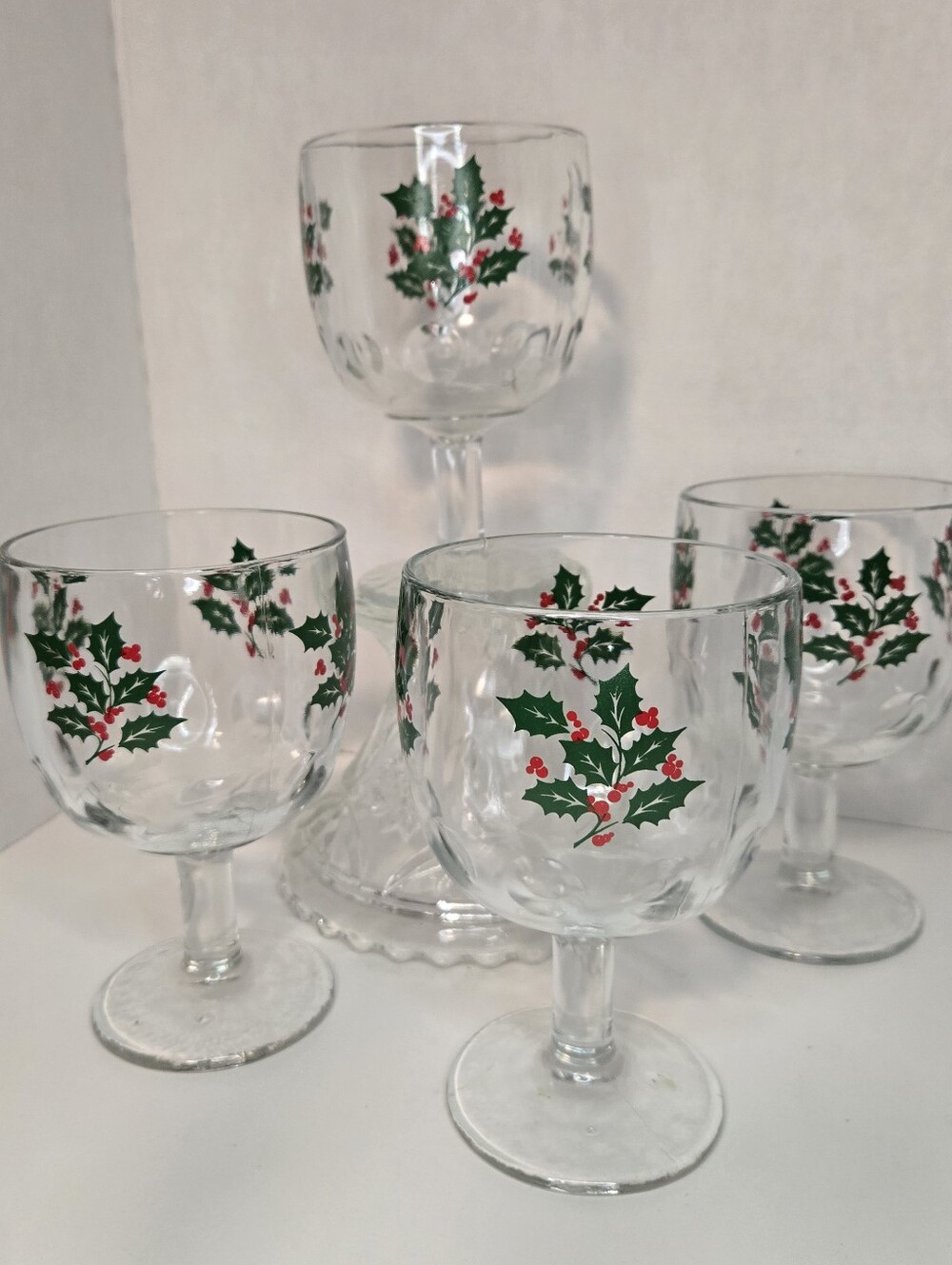 Bartlett-Collins Thumbprint Holly Pattern Glass Goblets Set Of 4 MCM Vintage USA